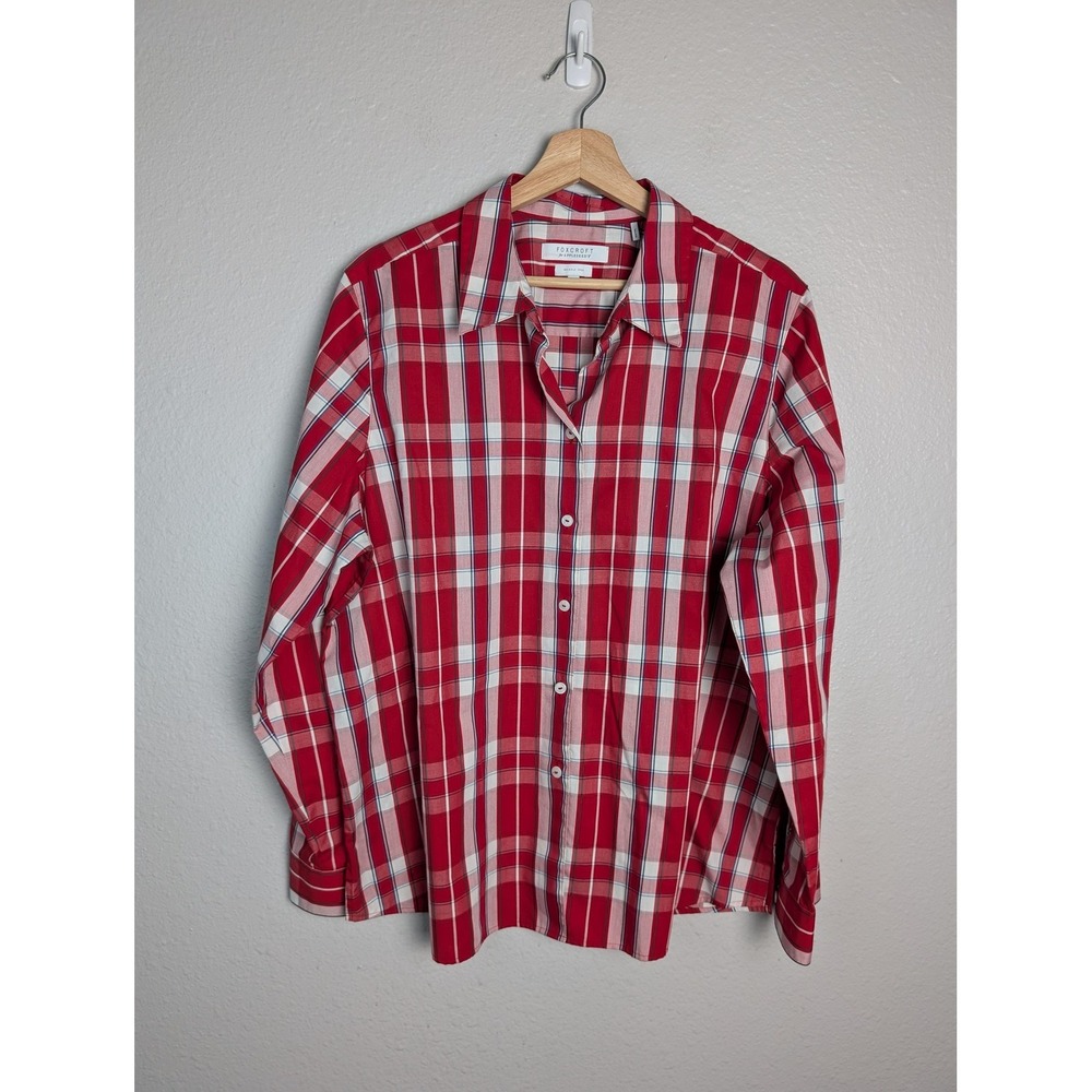 Foxcroft For Appleseed's Button-Up Womens 18 Red Plaid Wrinkle Free Long Sleeve